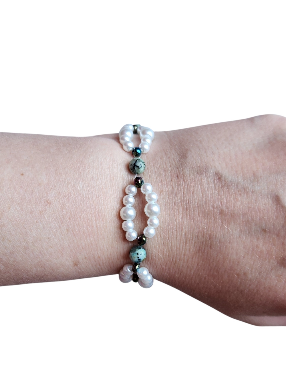 African Turquoise Jasper & Glass Pearl Beaded Bracelet